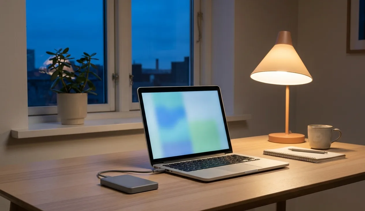 Laptop connected to a compact external drive under a warm desk lamp in the evening