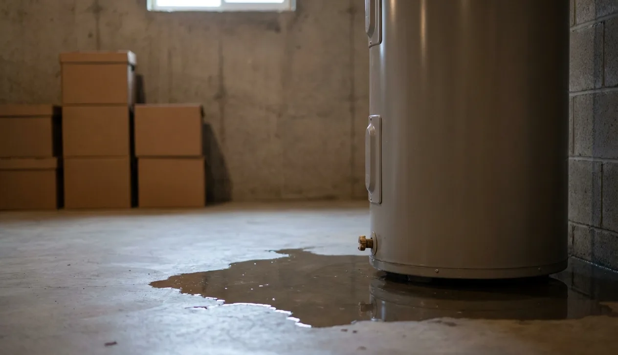 Unfinished basement with water pooling around the base of a water heater