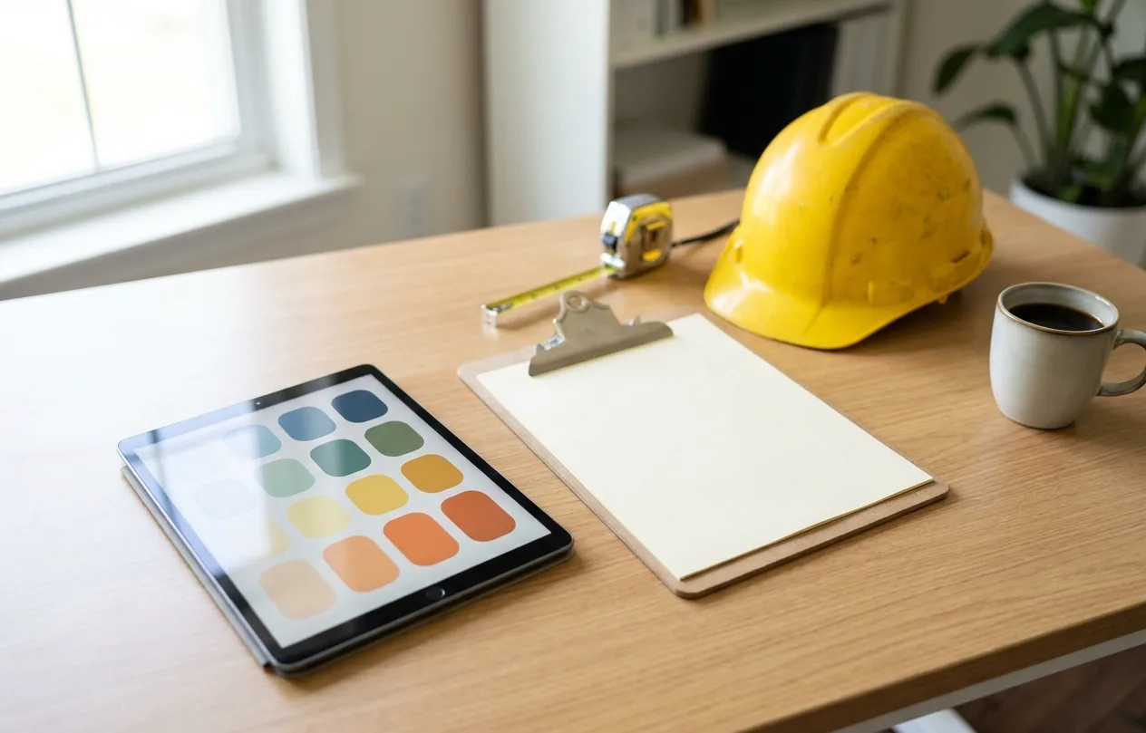 Contractor desk with a tablet showing a job pipeline board, a clipboard and a hard hat