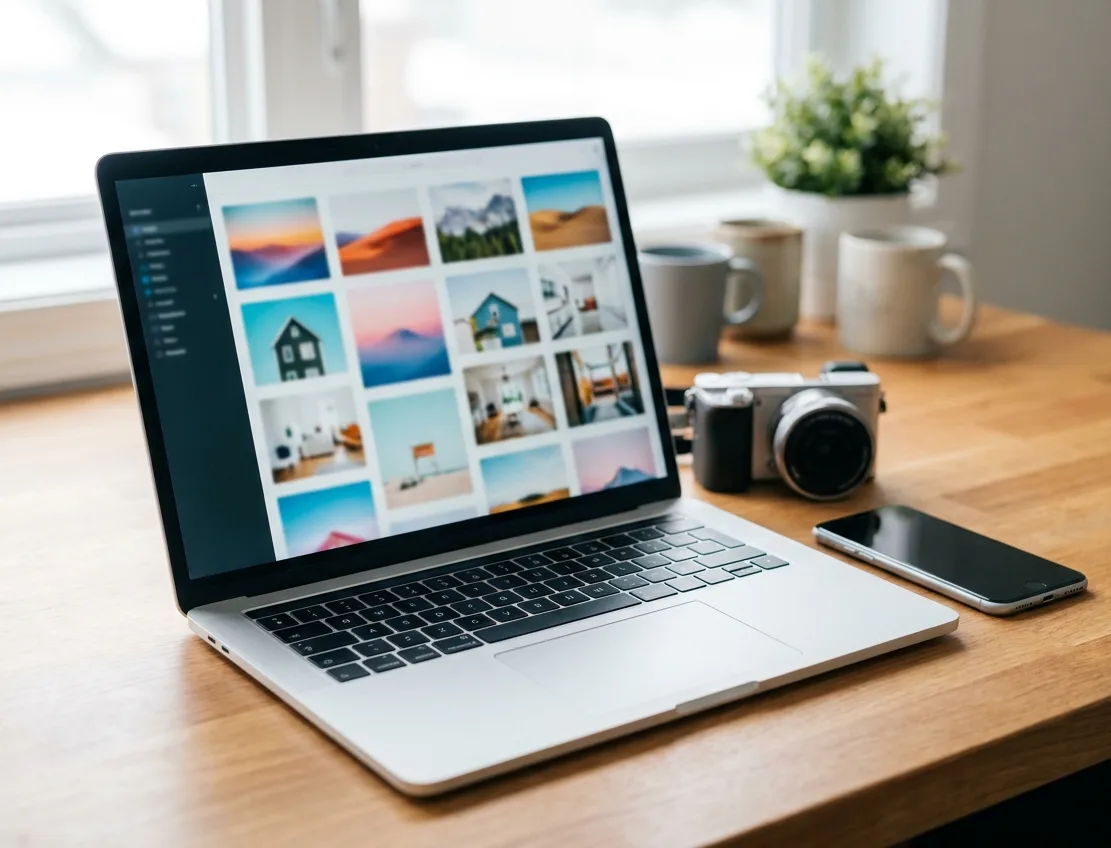 Laptop on a wooden desk showing a grid of photo thumbnails next to a camera and phone