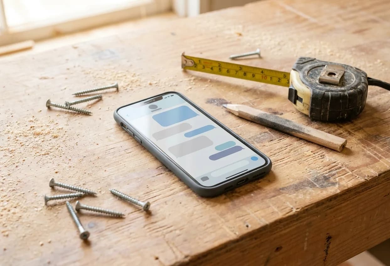 Smartphone on a wooden workbench showing a text message thread beside a tape measure and pencil