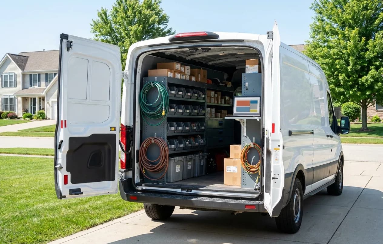 White service van parked in a suburban driveway with its rear doors open to organized shelving