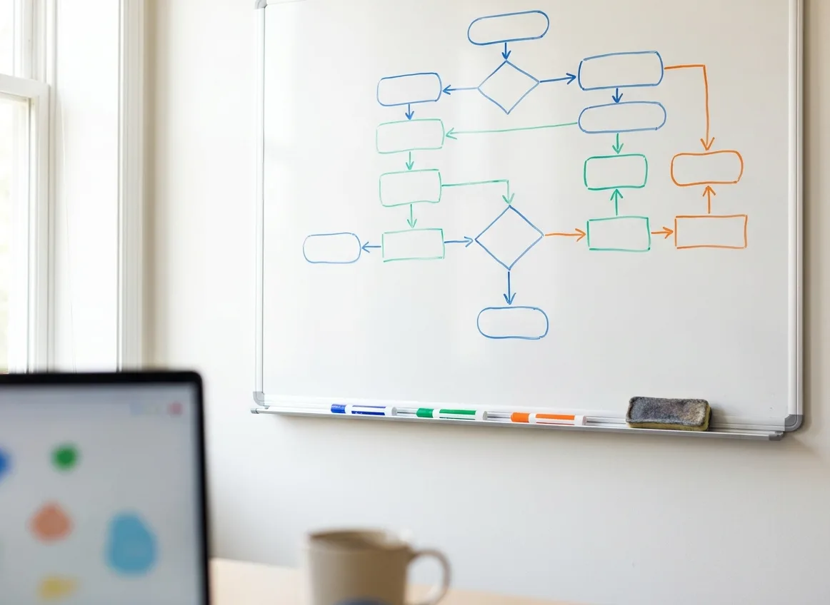 Whiteboard with a hand-drawn flowchart of boxes and arrows