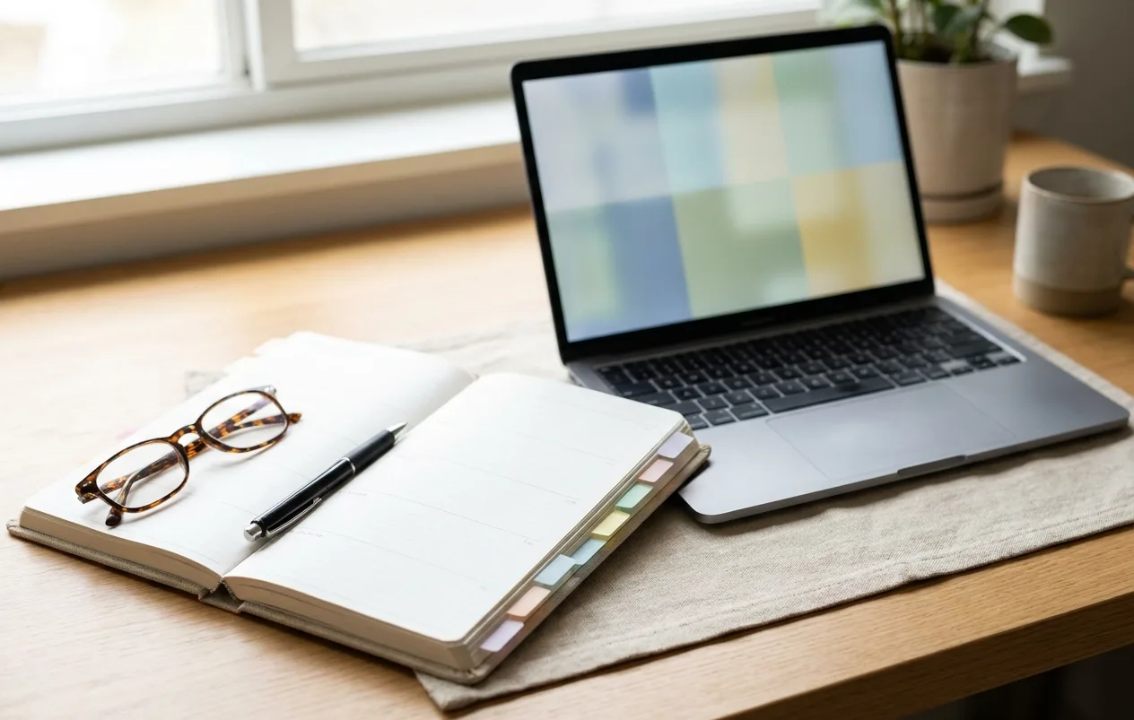 Open weekly paper planner beside a laptop showing a calendar with appointment blocks