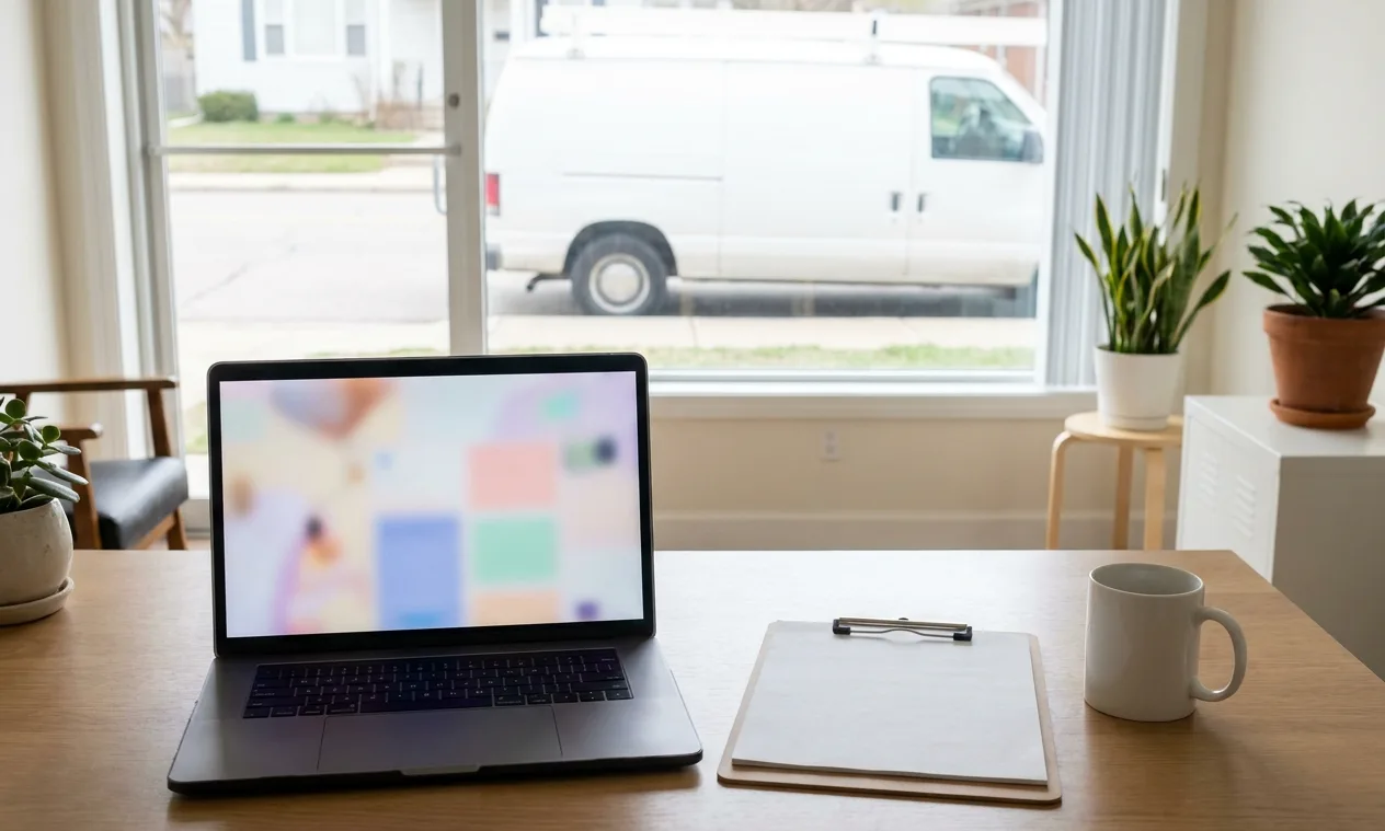 Contractor office desk with a laptop and a white service van parked outside the window