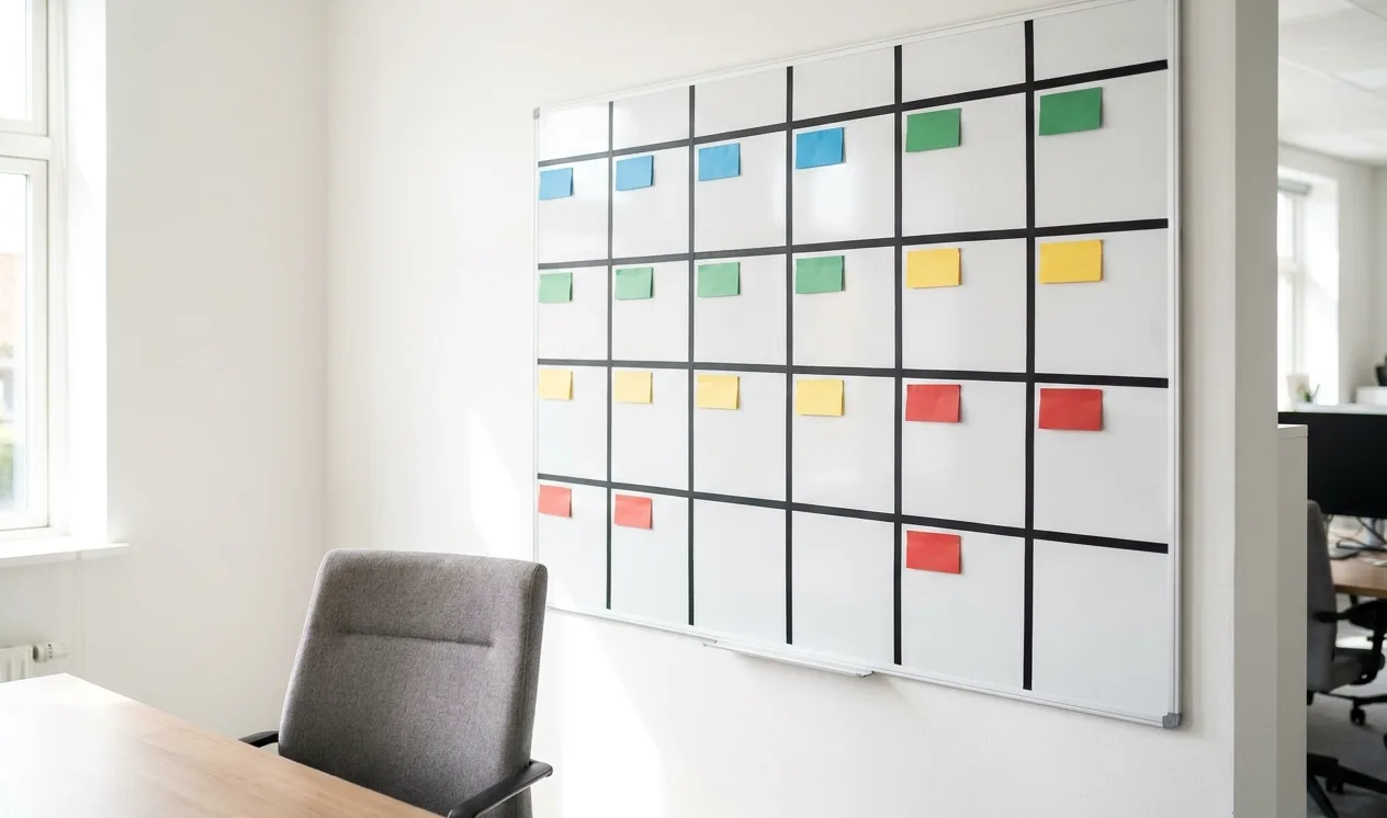 Office whiteboard laid out as a weekly schedule grid with coloured magnetic cards