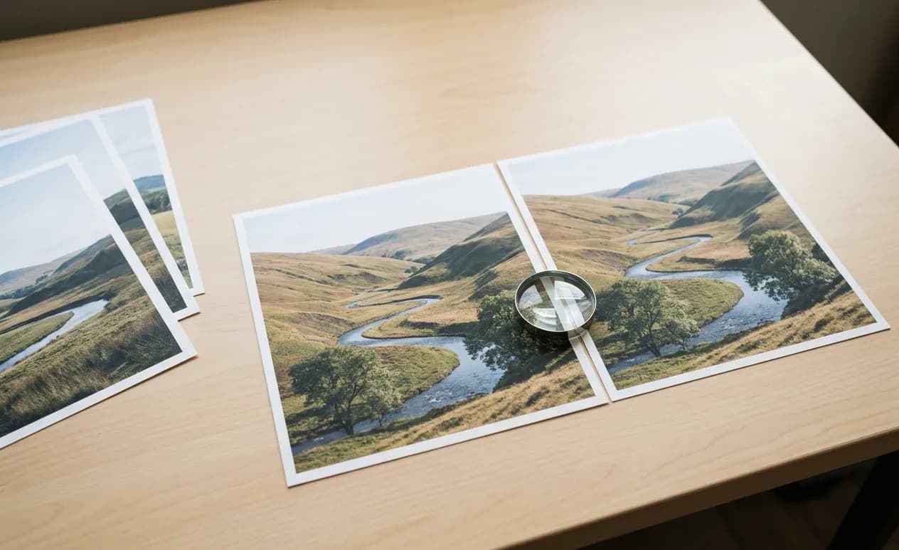 Two identical printed landscape photos side by side with a magnifying loupe