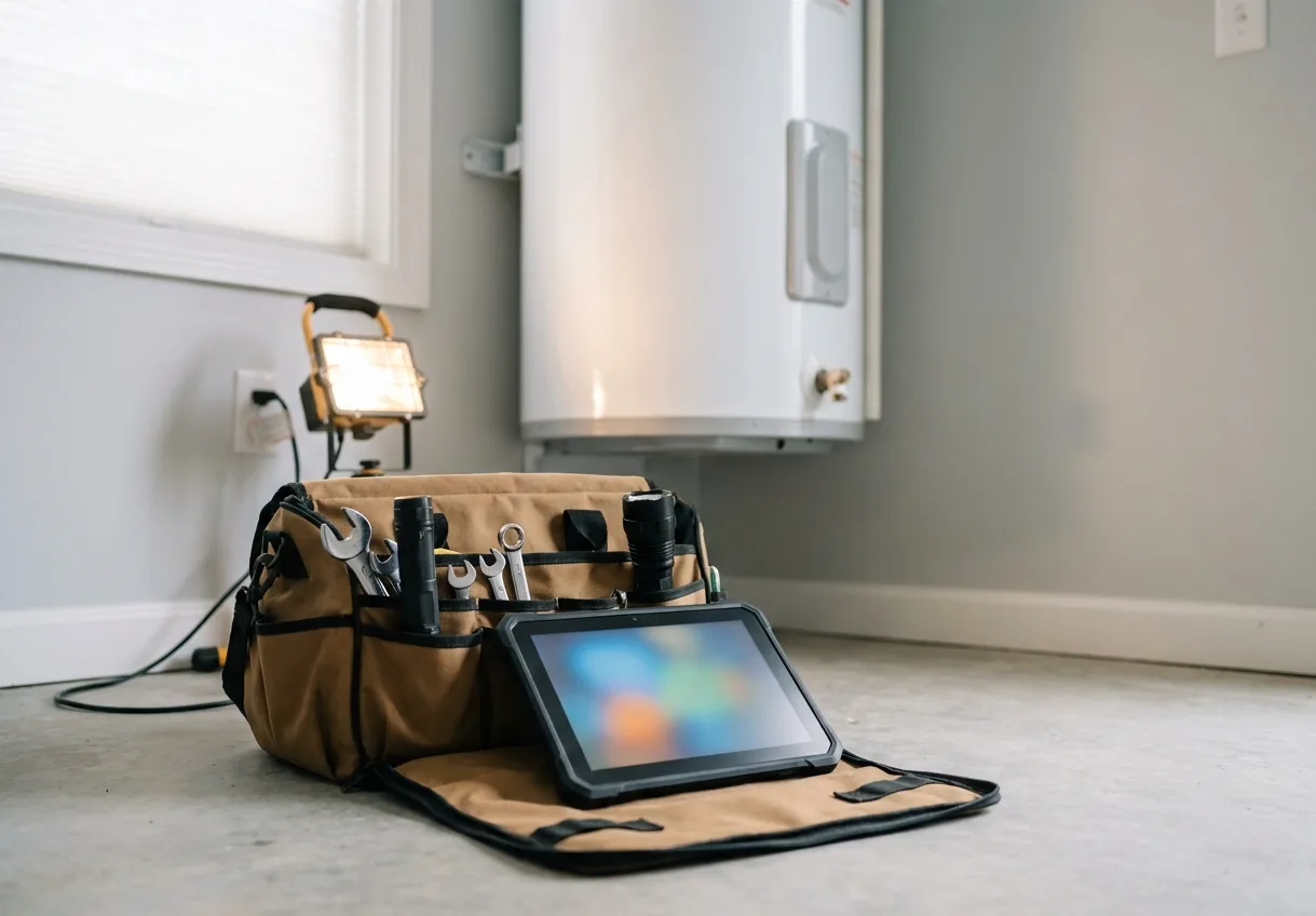 Open tool bag with a tablet on top beside a water heater in a utility room