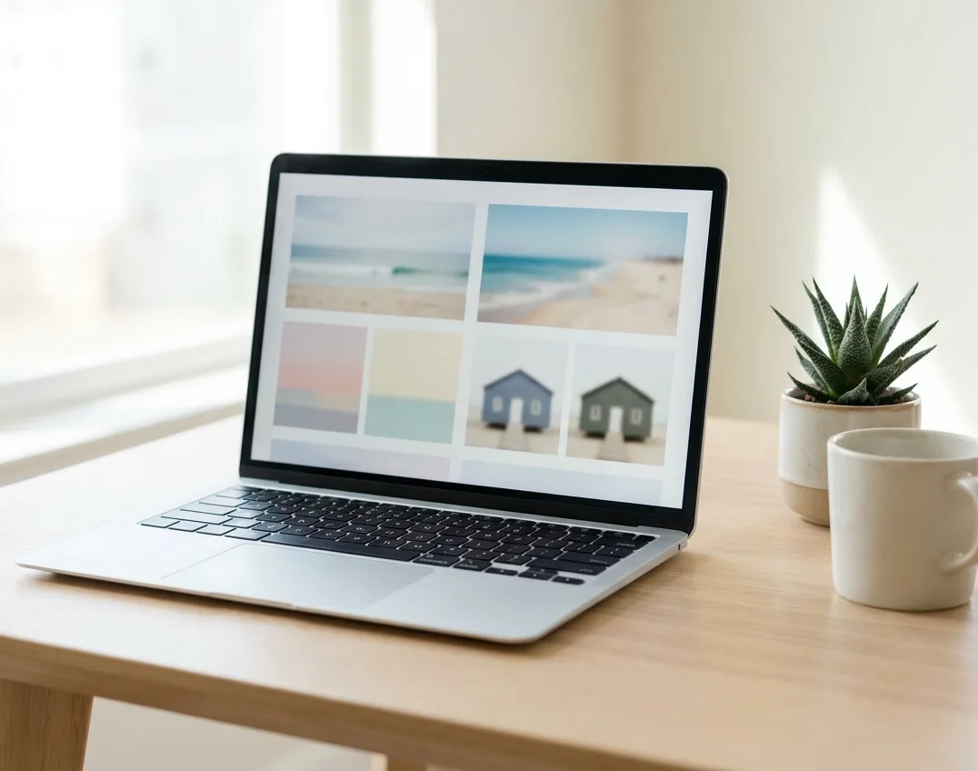 Laptop showing a grid of photo thumbnails arranged in near-identical pairs