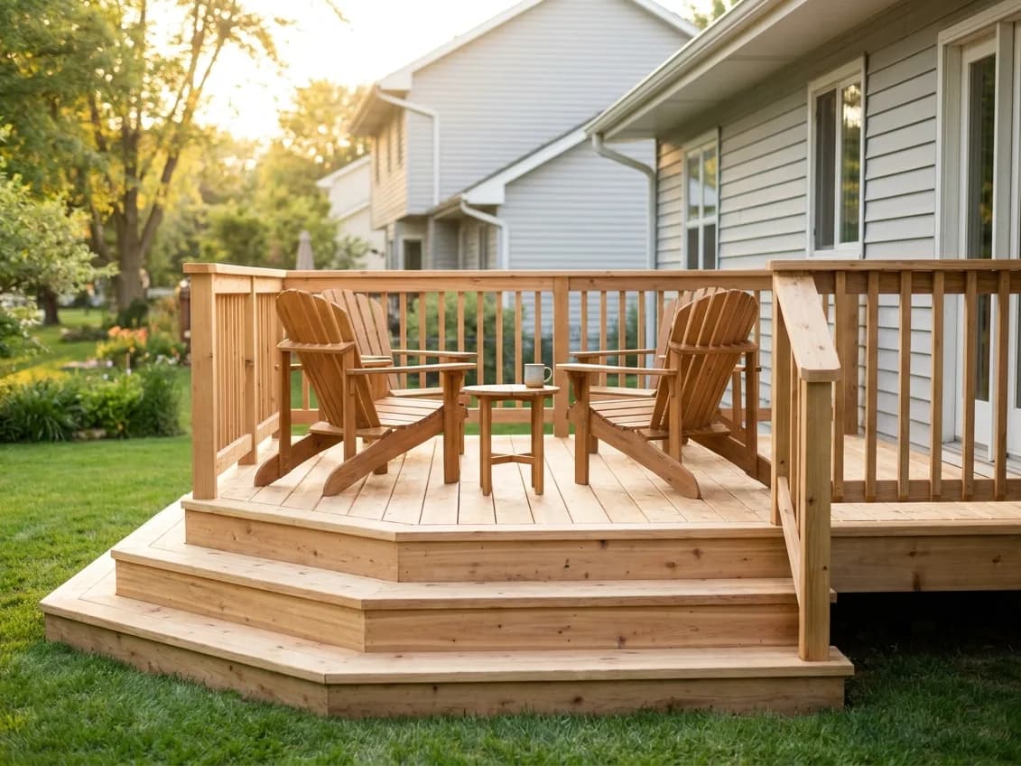 Newly built wooden backyard deck with chairs and a table at golden hour