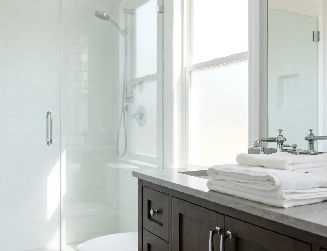 Freshly finished bathroom remodel with white tile, a new vanity and a glass shower