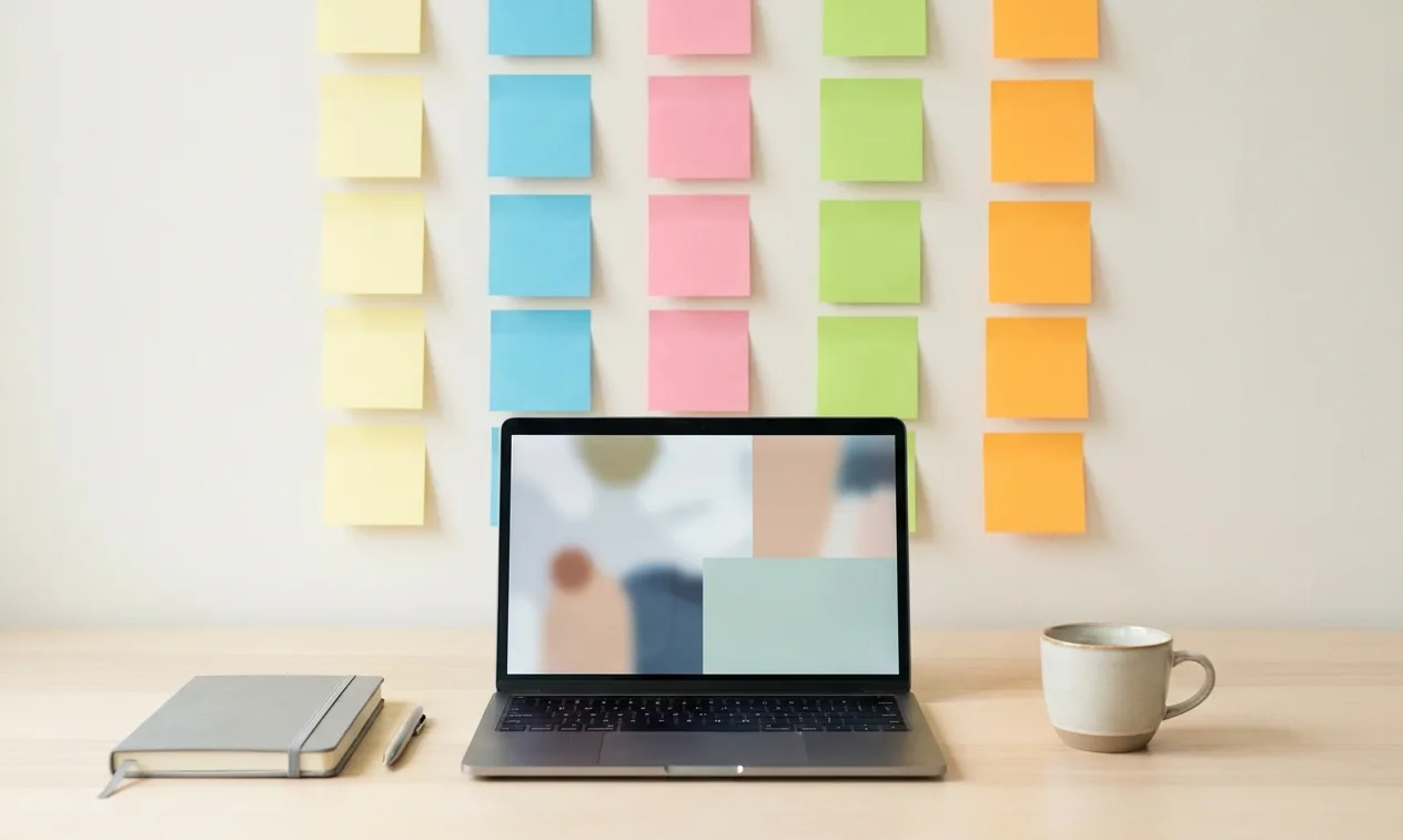 Laptop on a desk in front of a wall of sticky notes arranged in pipeline columns