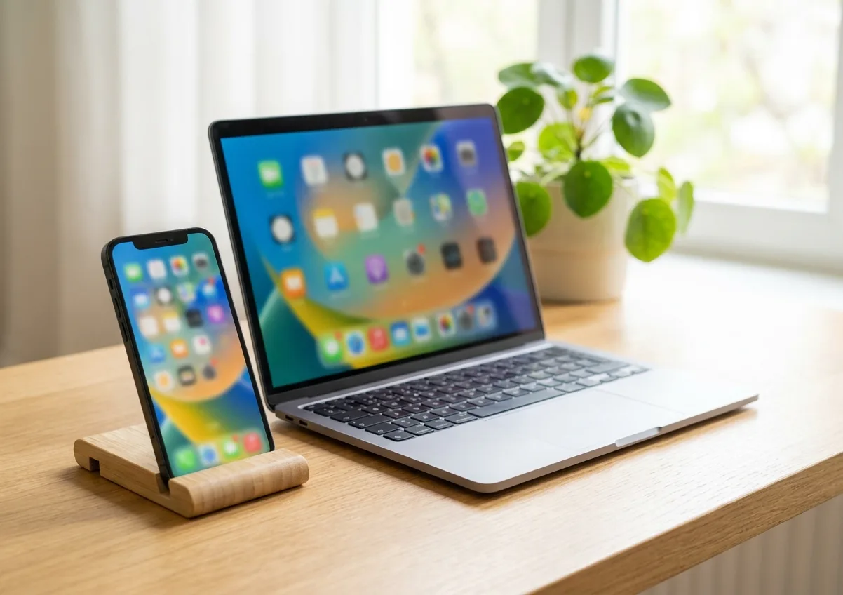 Smartphone in a desk stand beside an open laptop, both showing colourful screens