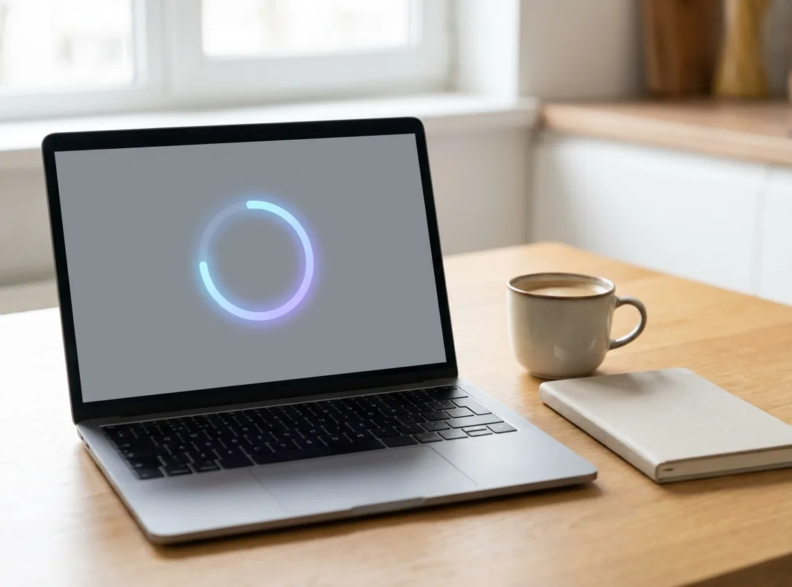 Laptop on a kitchen table showing a circular progress ring beside a cup of coffee