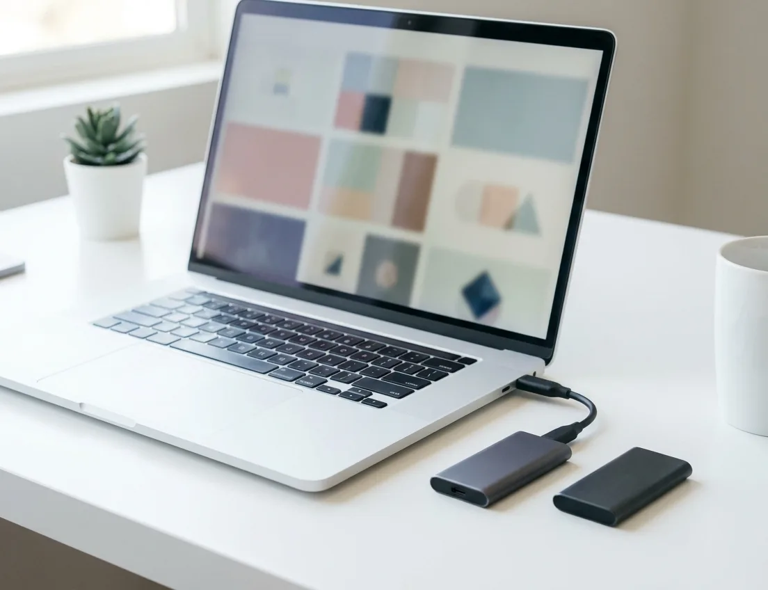 Laptop on a white desk connected to a small external drive, with a second drive beside it