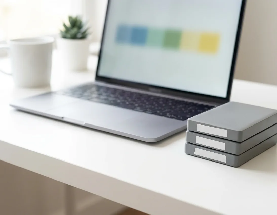 Tidy desk with a laptop and a small stack of labelled external drives