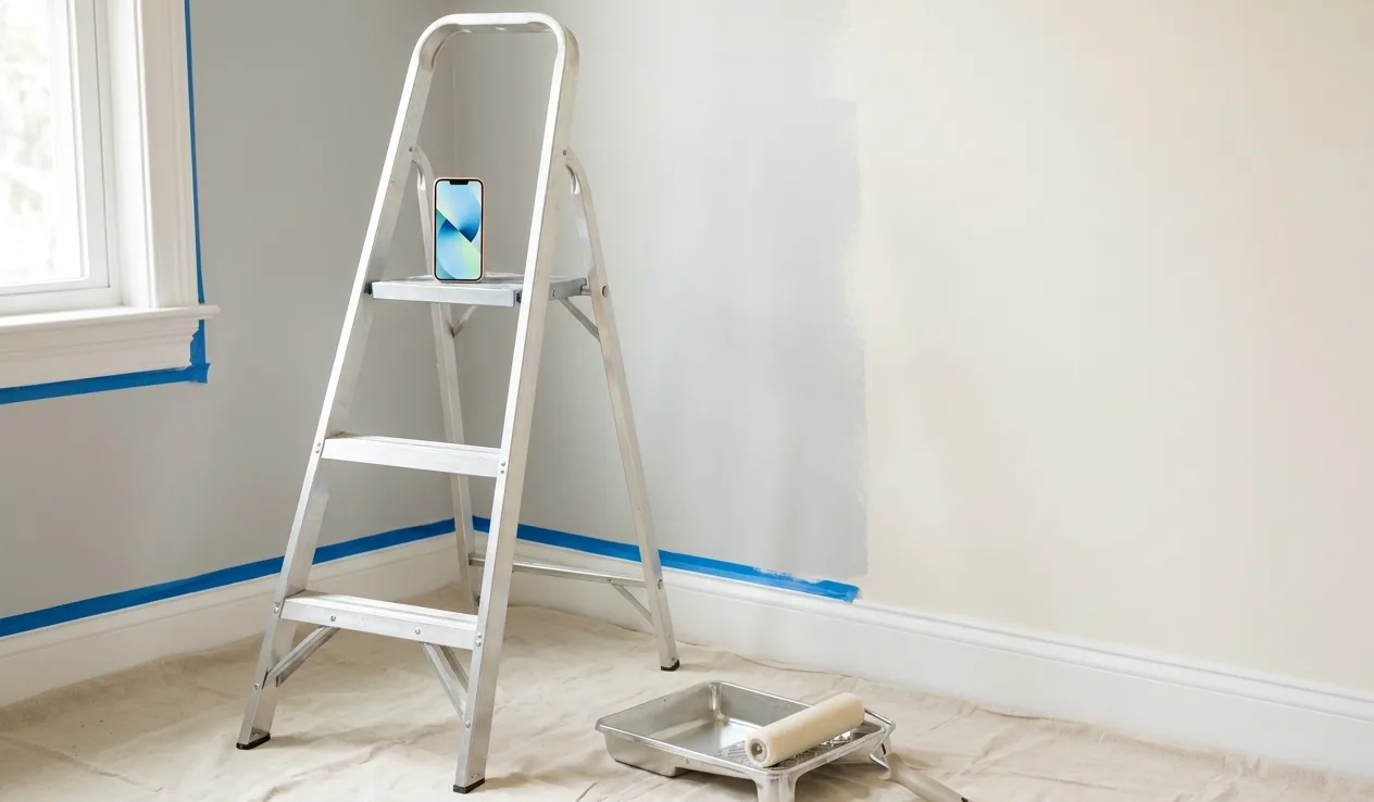Smartphone resting on a stepladder in a half-painted living room