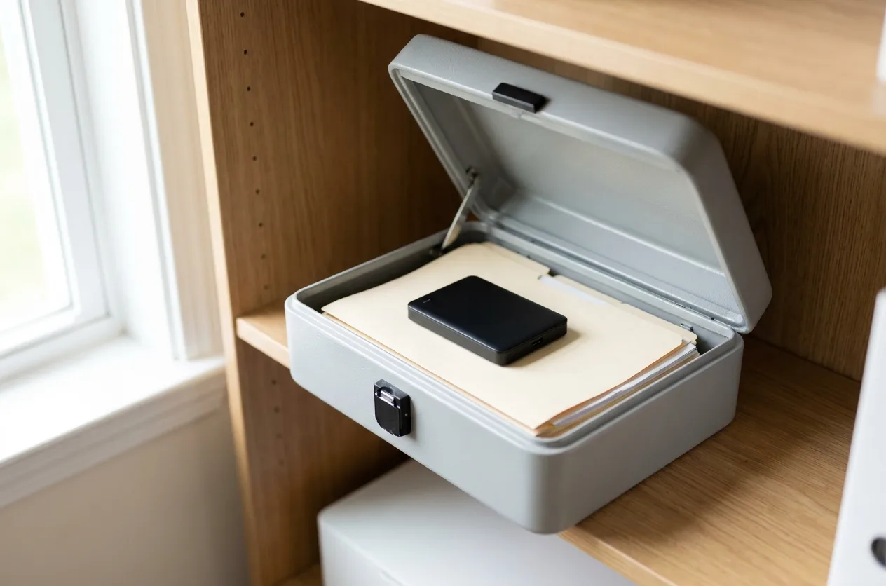 Compact external hard drive inside a small open fireproof document box