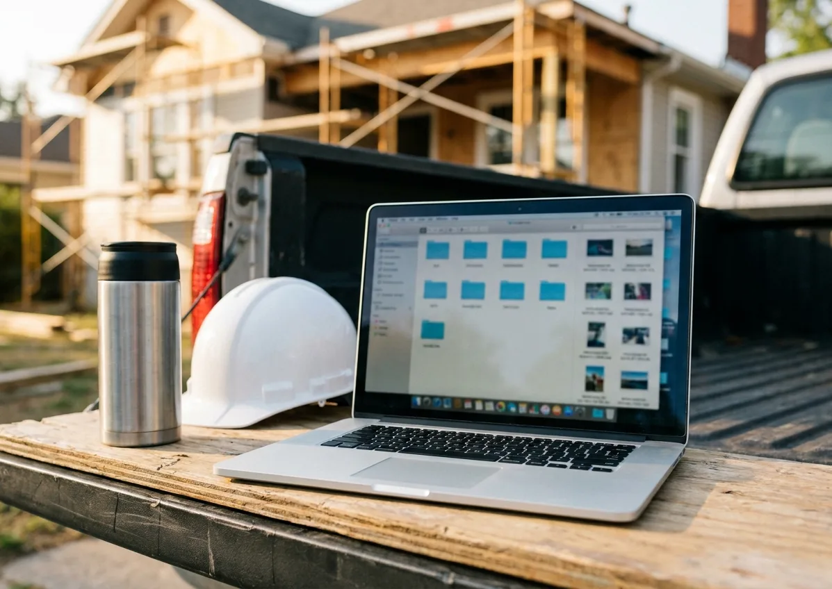 Laptop on a pickup truck tailgate at a job site showing rows of folders and photo thumbnails
