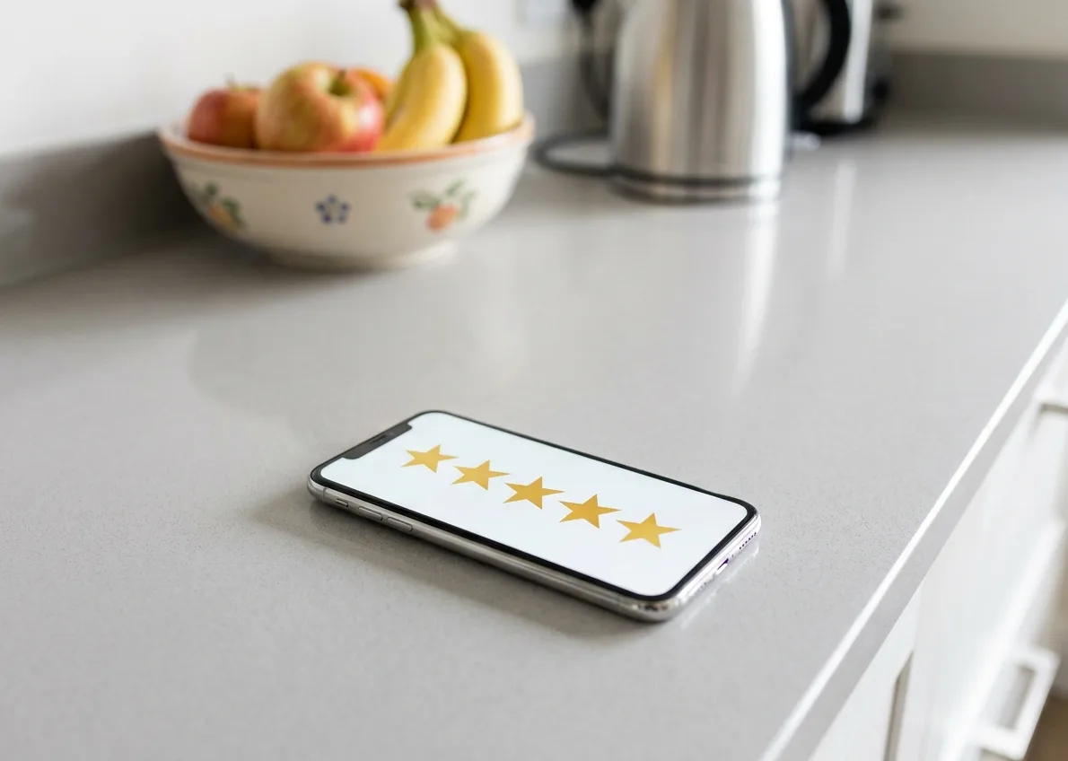 Smartphone on a kitchen counter showing five gold star shapes
