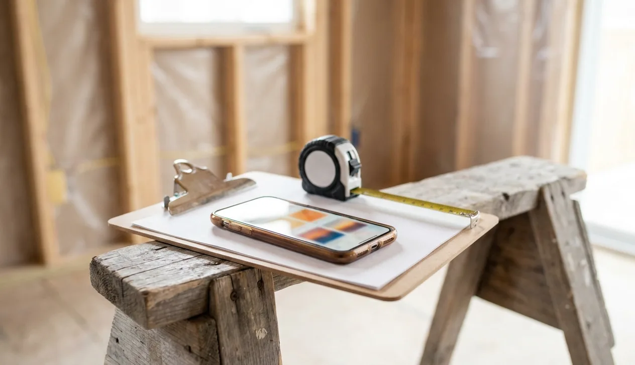 Smartphone lying on a clipboard at a renovation site showing a grid of job photos