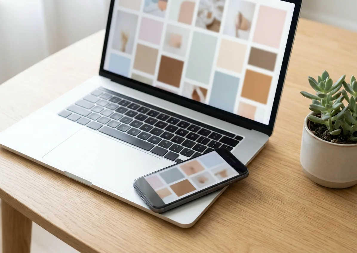 Smartphone resting on a laptop palm rest with both screens showing photo thumbnails