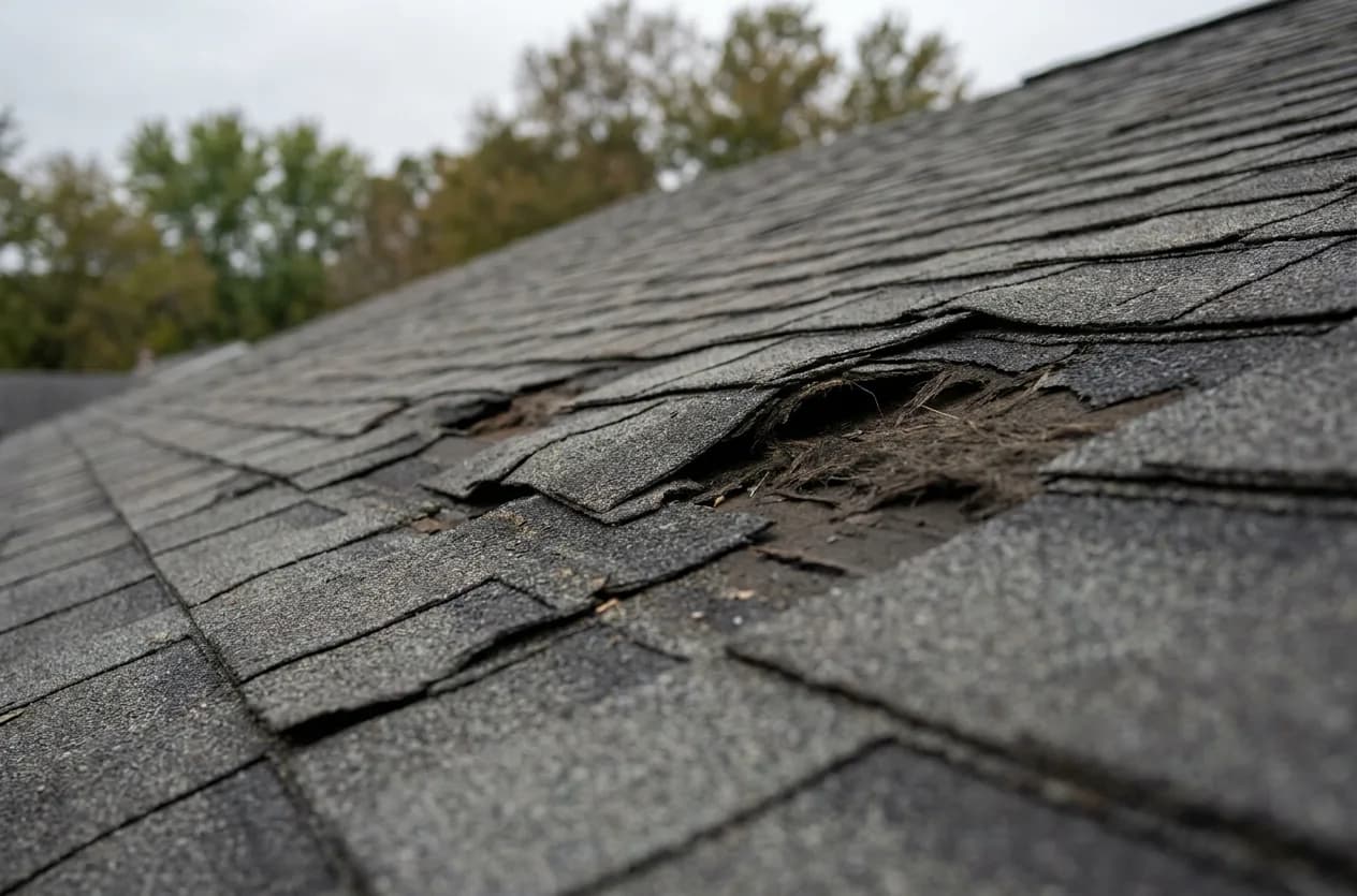 Close view of an asphalt shingle roof with lifted, cracked and missing shingles