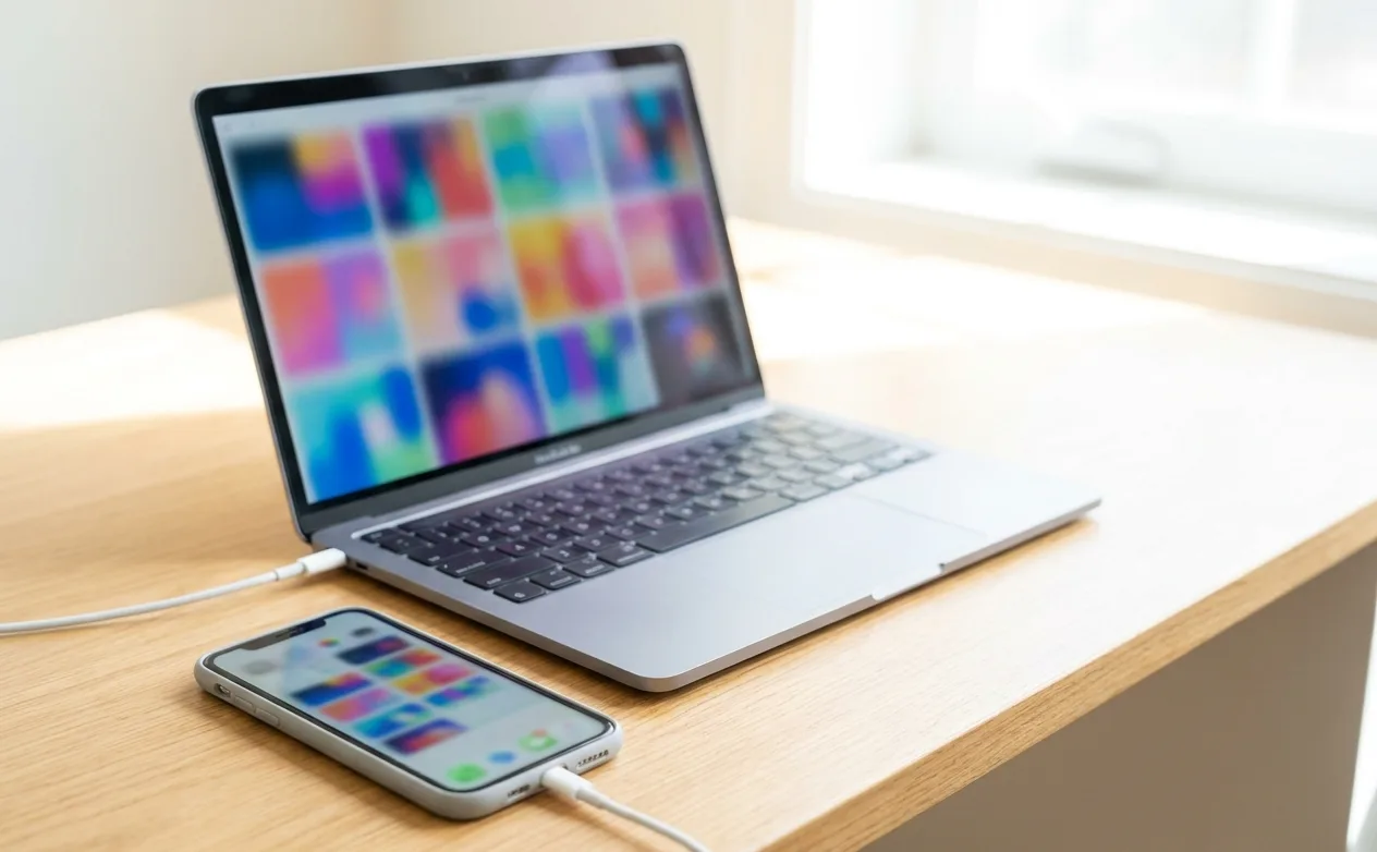 Smartphone connected by a cable to a laptop, both showing grids of photos